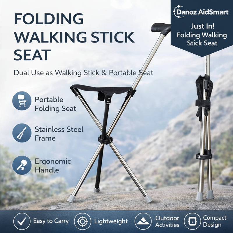 Folding walking stick with seat feature on a mountain background