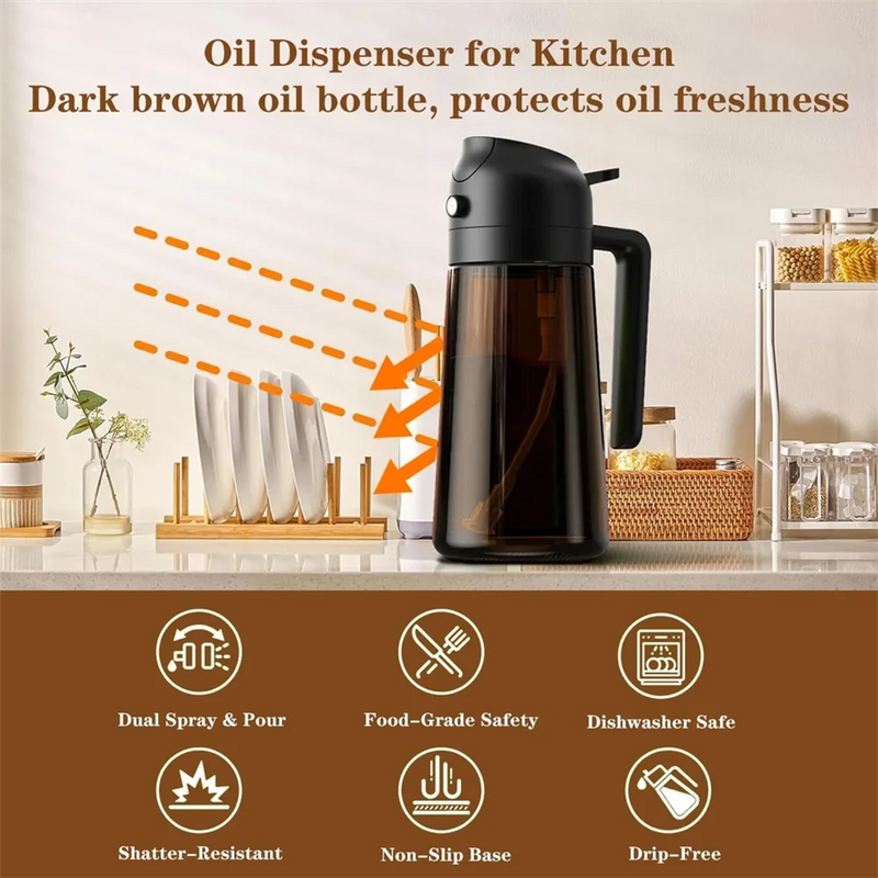 Danoz Cooking - 2-in-1 Glass Oil Dispenser & Sprayer - 16oz/470ml Leakproof Olive Oil Sprayer Bottle for Cooking, Air Fryer, BBQ, Baking, Salad - Buy 1 Get 1 Free!