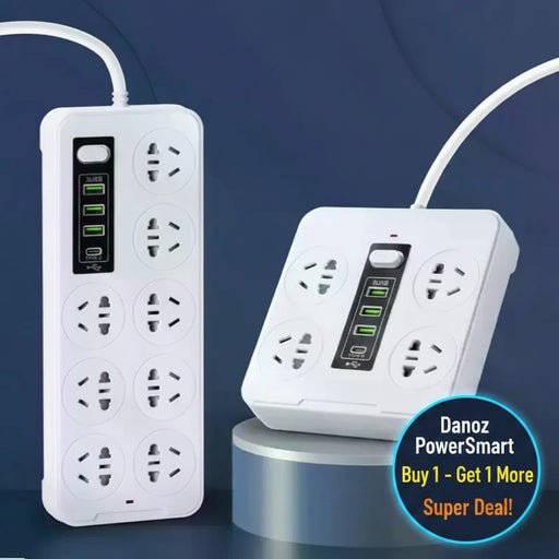 Two white power strips with multiple outlets and USB ports on a dark blue background