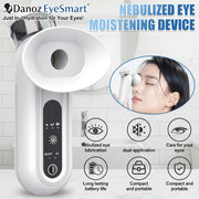 Nebulized eye moistening device with features listed on a white background