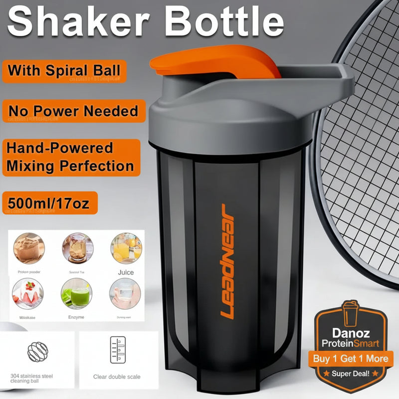 Shaker bottle with spiral ball, no power needed, hand-powered mixing, 500ml/17oz capacity, Leadneer brand.
