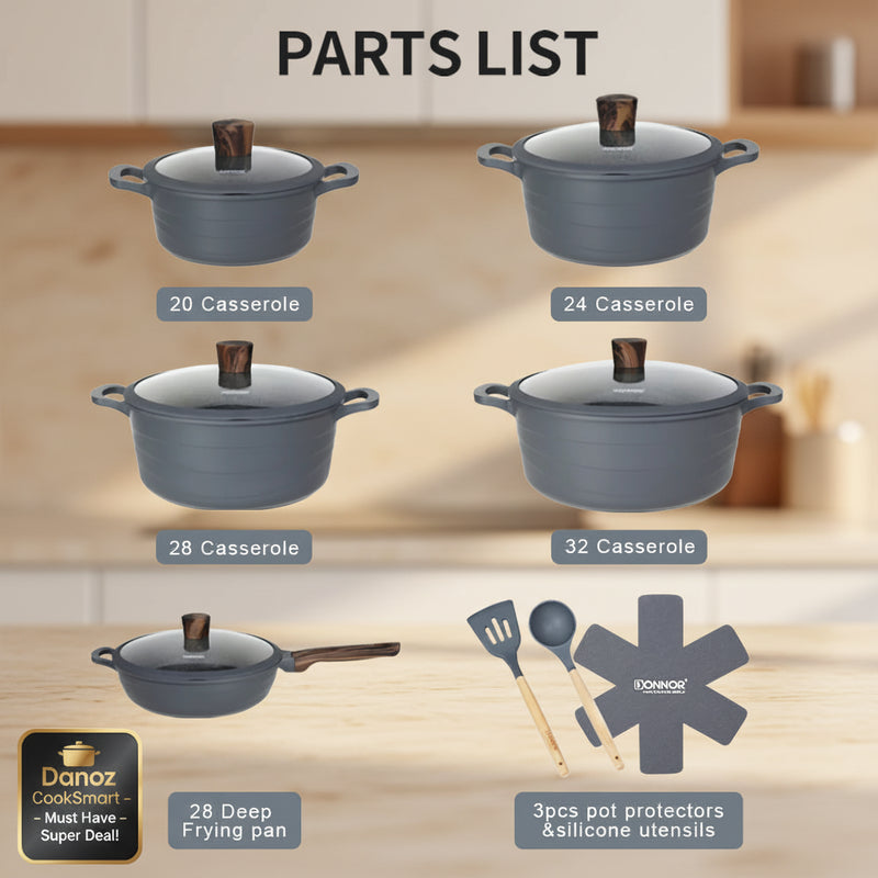 Parts list of cookware set with casserole dishes, frying pan, and utensils on a white background.