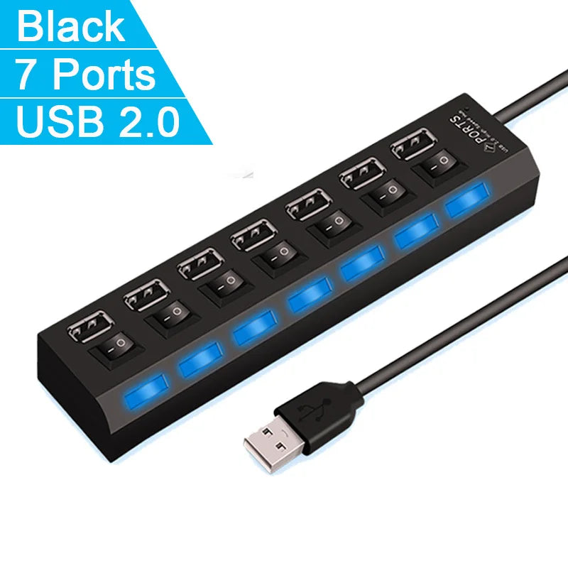 Danoz Smart - High Speed 4/7 Ports USB HUB 2.0 Adapter Expander Multi USB Splitter Multiple Extender with LED Lamp Switch for PC Laptop - Buy 1 Get 1 Free!