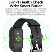 Black smartwatch with text about health monitoring features on a white background