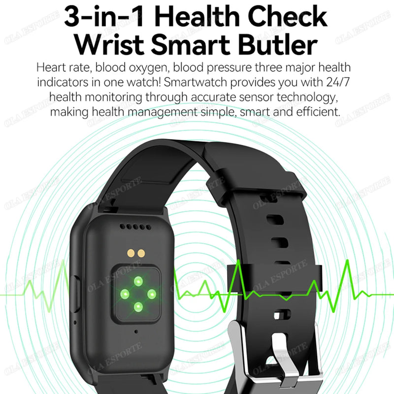 Black smartwatch with text about health monitoring features on a white background