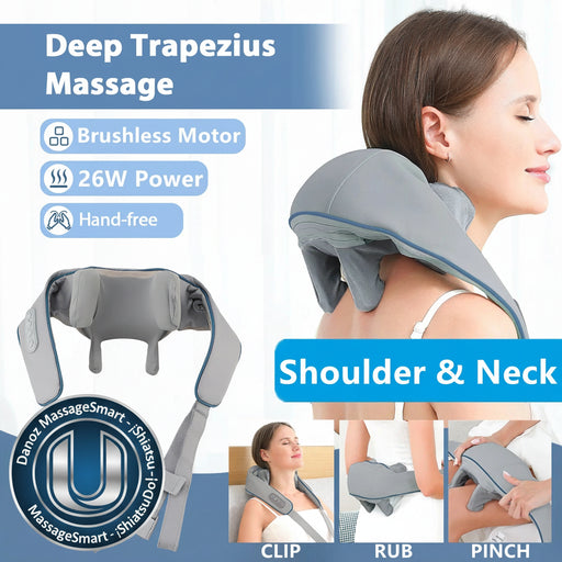 Neck and shoulder massager with text highlighting features and usage scenarios.