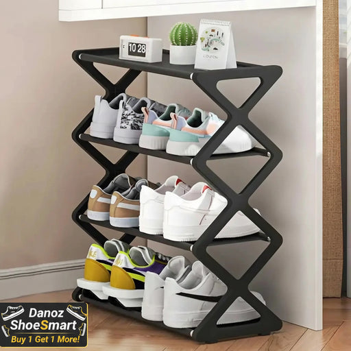 Black shoe rack with various shoes on a wooden floor, featuring the 'Choice' brand logo.