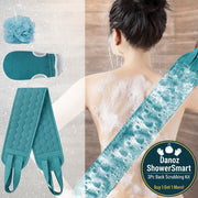 Teal bath mitt, scrubber, and loofah with a person showering.