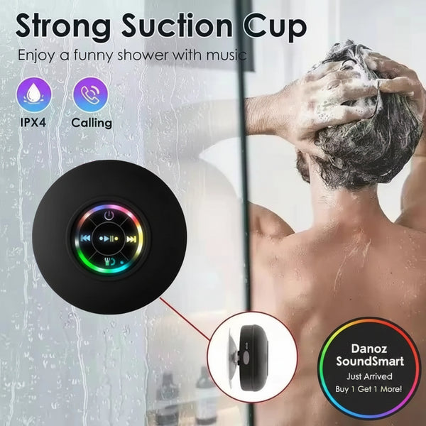 Shower head with strong suction cup and Bluetooth speaker, featuring IPX4 rating and calling function.