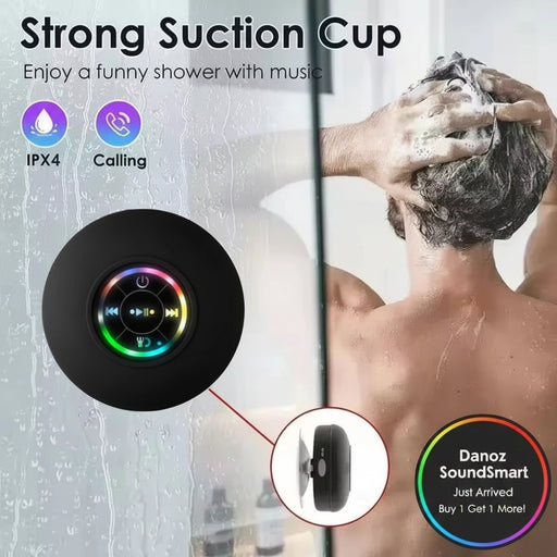 Shower head with strong suction cup and Bluetooth speaker, featuring IPX4 rating and calling function.