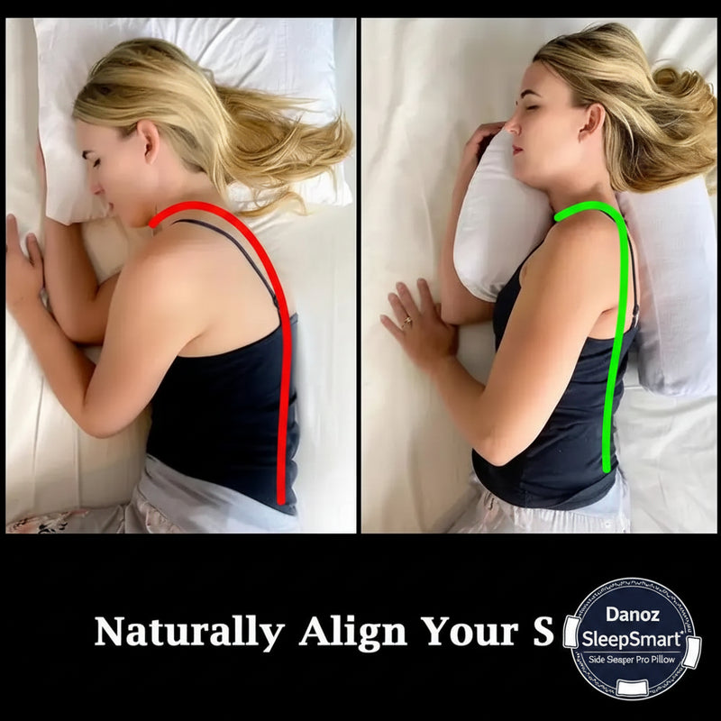Woman sleeping with a side sleeper pillow and back support showing spine alignment.