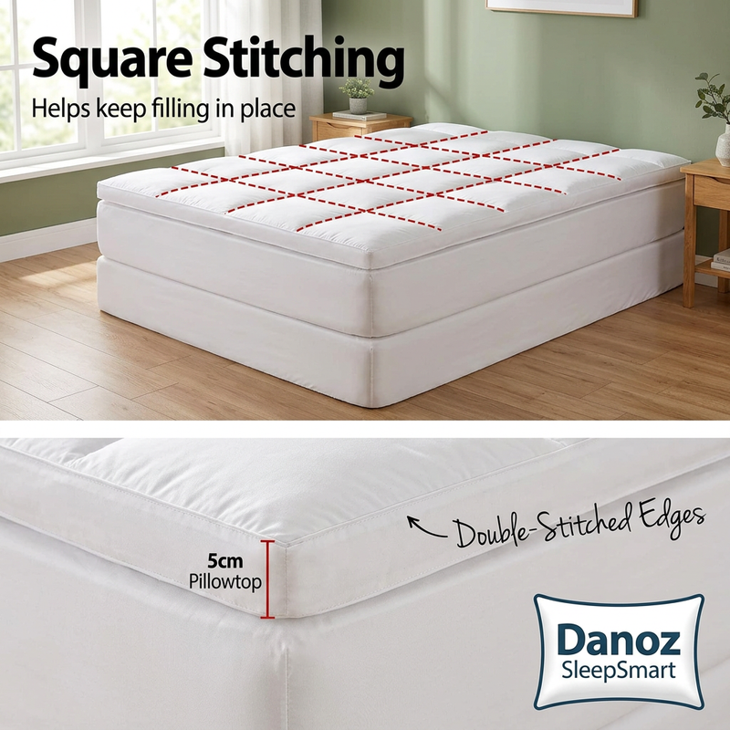 🛏️ Danoz SleepSmart | King Single Fitted Pillowtop Mattress Topper | 5cm Loft & 45cm Elastic Skirt | Free Postage!