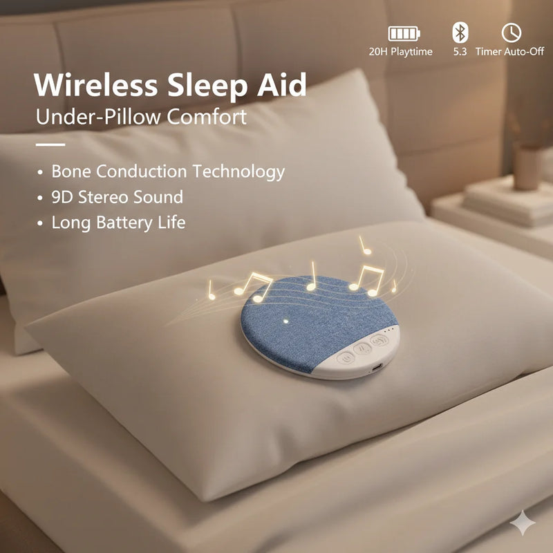 Wireless sleep aid device on a pillow with text highlighting features