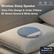 Wireless sleep speaker on a pillow with product features listed