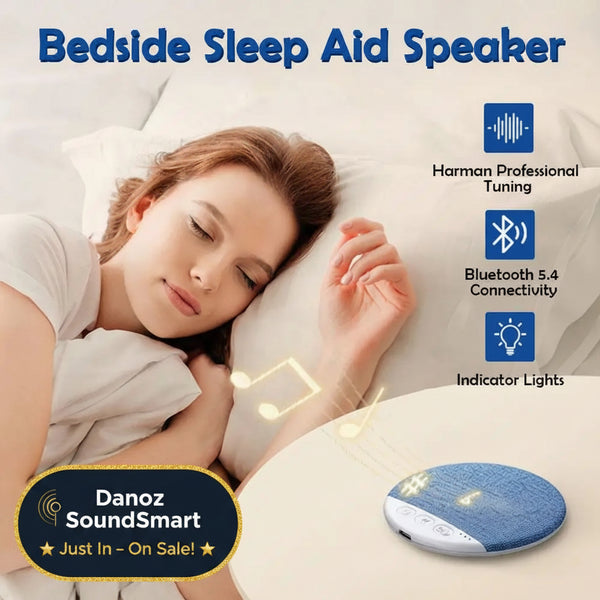 Woman lying in bed with a bedside sleep aid speaker, featuring Harman professional tuning and Bluetooth connectivity.