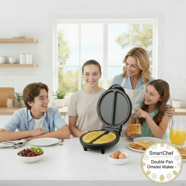 Family using a SmartChef Double Pan Omelette Maker in a kitchen.