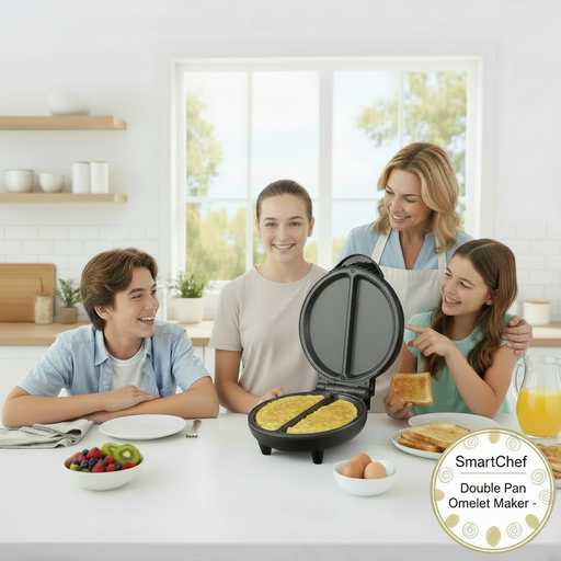 Family using a SmartChef Double Pan Omelette Maker in a kitchen.