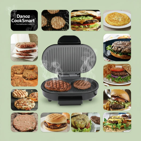 Black burger press surrounded by images of burgers and ingredients