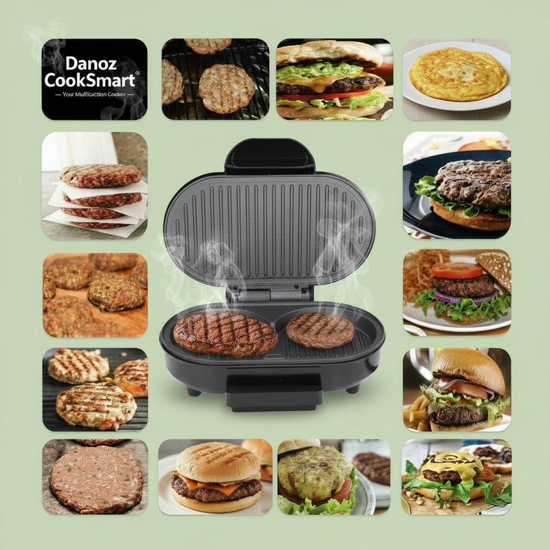 Black burger press surrounded by images of burgers and ingredients