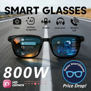 Smart glasses with digital display on a road background, featuring various functions.