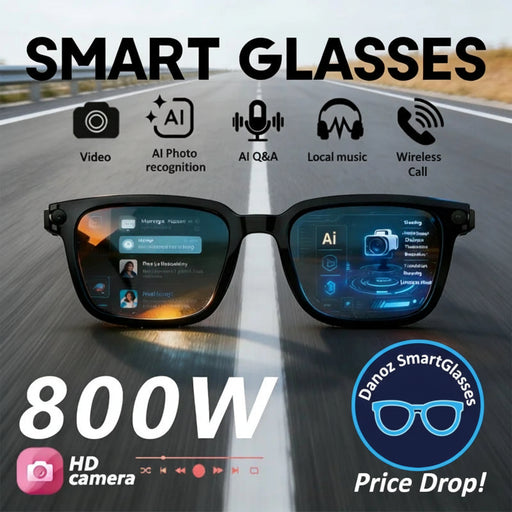 Smart glasses with digital display on a road background, featuring various functions.