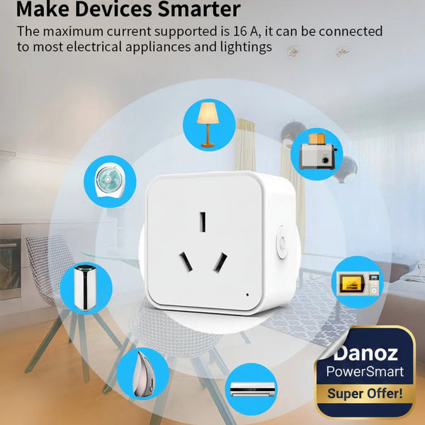 Smart plug with icons of connected devices in a living room setting