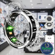 Smart ring with diamond inlay, water splashes, and smartphone app display.