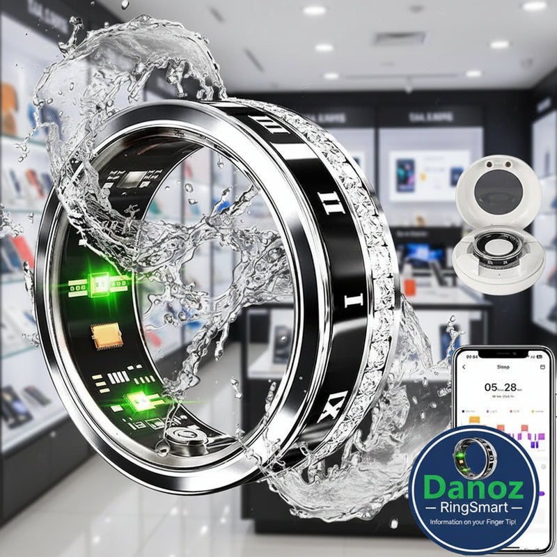 Smart ring with diamond inlay, water splashes, and smartphone app display.