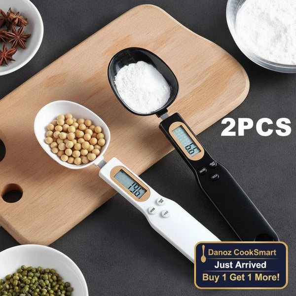 Two digital measuring spoons on a wooden cutting board with ingredients.