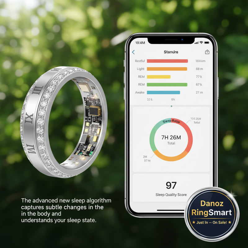 Smart sleep ring and smartphone app displaying sleep data on a white background