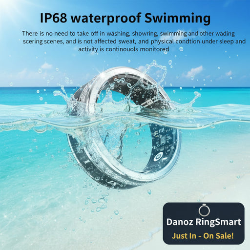 Smartwatch partially submerged in water with text about IP68 waterproofing.