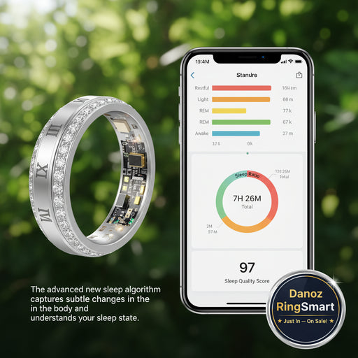 Smart sleep ring and smartphone app displaying sleep data on a white background