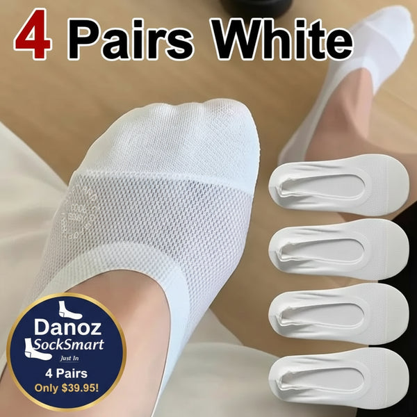 White socks with mesh design on a beige background, labeled '4 Pairs White'.