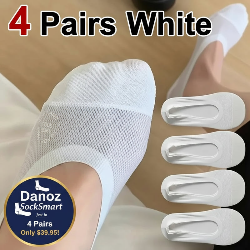 White socks with mesh design on a beige background, labeled '4 Pairs White'.