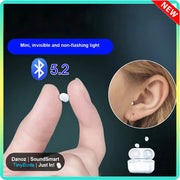 Small white device held between fingers with ear and open case inset, Bluetooth 5.2 logo shown.