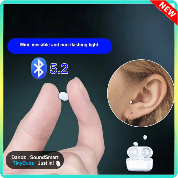 Small white device held between fingers with ear and open case inset, Bluetooth 5.2 logo shown.