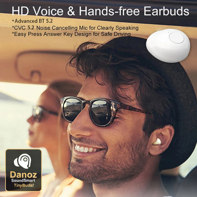 Man wearing HD voice and hands-free earbuds in a car with a woman in the background.