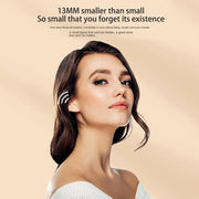 Woman wearing a small Bluetooth headset with text about its size and features.