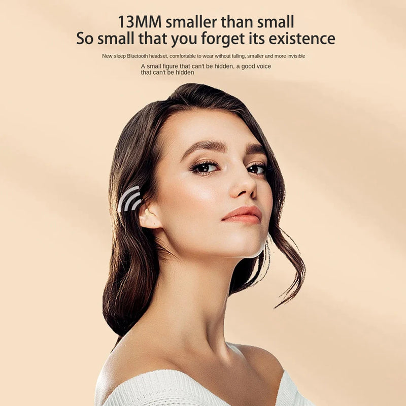 Woman wearing a small Bluetooth headset with text about its size and features.