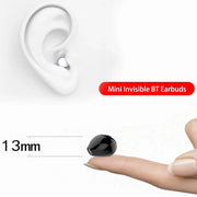 Mini Invisible BT Earbuds shown in an ear and on a finger with a measurement label.