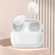 White wireless earbuds with charging case on a light pink background