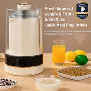 Juicer on a wooden table with ingredients and a glass of juice, against a beige background.