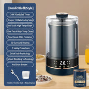 Blue kitchen appliance on a wooden table with text on a blue background