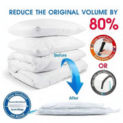 Stack of white bedding with compression bag, hand pump, and vacuum cleaner illustration on a white background.