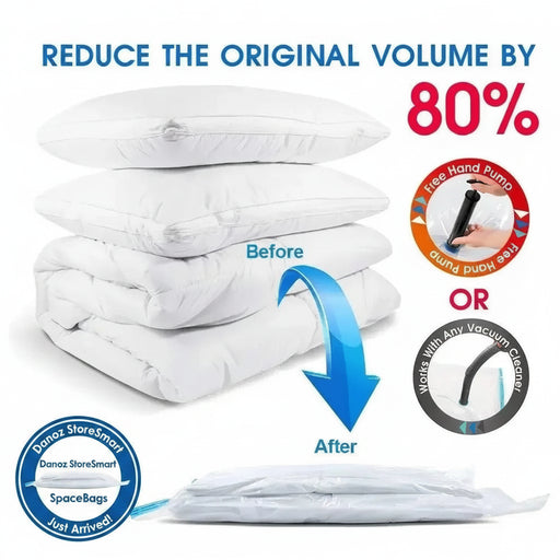 Stack of white bedding with compression bag, hand pump, and vacuum cleaner illustration on a white background.