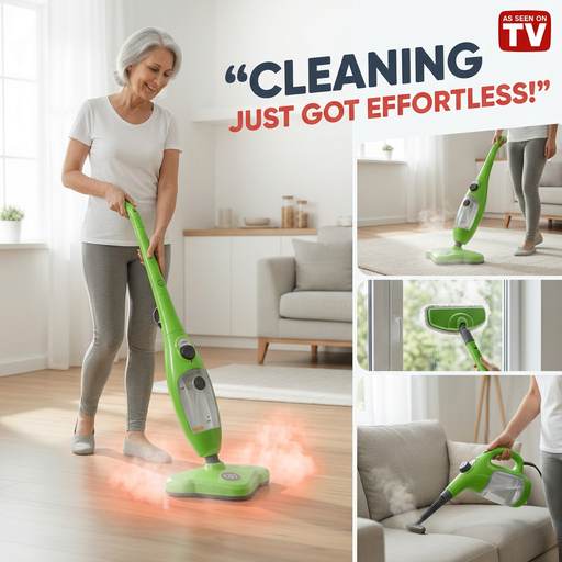Woman using a green cleaning device in a living room with text 'Cleaning Just Got Effortless!'.