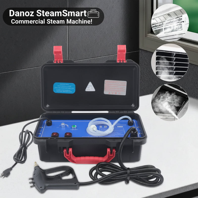 Portable steam cleaning device with attachments on a white surface