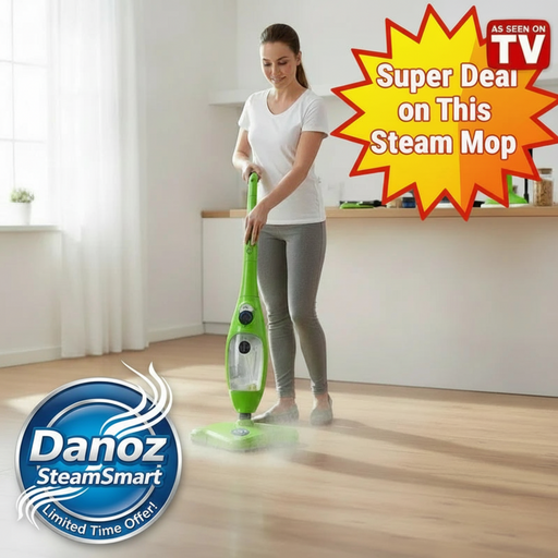Woman using a green steam mop on a wooden floor with a 'Super Deal on This Steam Mop' banner and Danoz SteamSmart logo.