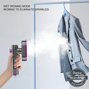Hand holding a handheld steamer next to a jacket with text about wet ironing mode.
