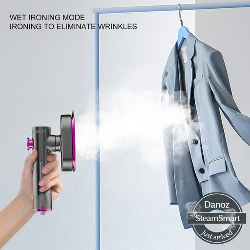 Hand holding a handheld steamer next to a jacket with text about wet ironing mode.